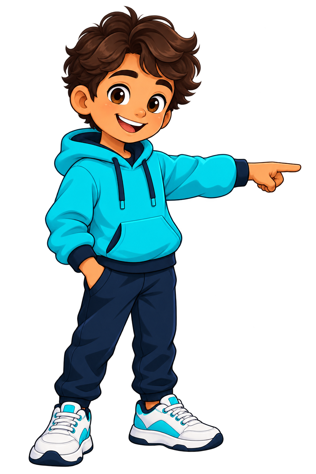 Math, um menino de moletom ciano, sorrindo e apontando para o jogo.